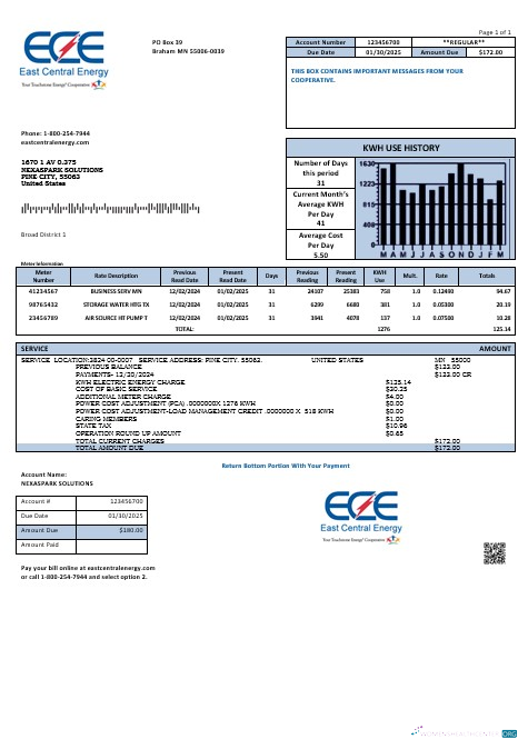 USA Minnesota East Central Energy business utility bill template in Word and PDF formats